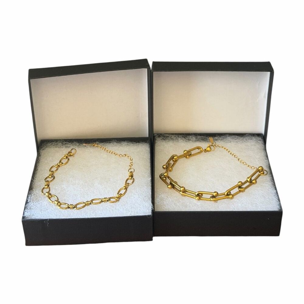 Gold Tone Link Bracelet Set Paperclip Oval Link Layering Stack Bracelet Bundle